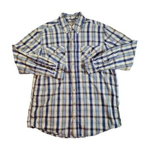 Duluth Trading Company Yellow Blue Gray Plaid Shirt Men's Size L Tall Button Up